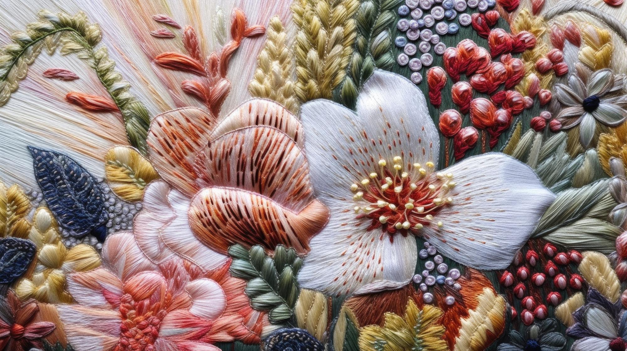 Großes gesticktes Wandbild mit floralen Motiven